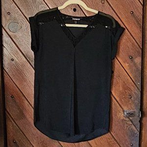 Express black roll sleeve blouse lace yoke detail size S